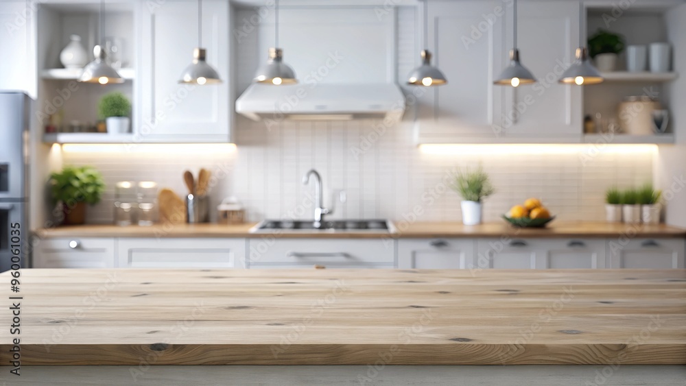 Clean white wooden kitchen counter mockup with space for product display or branding templates Clean white wooden kitchen counter mockup with space for product display or branding templates