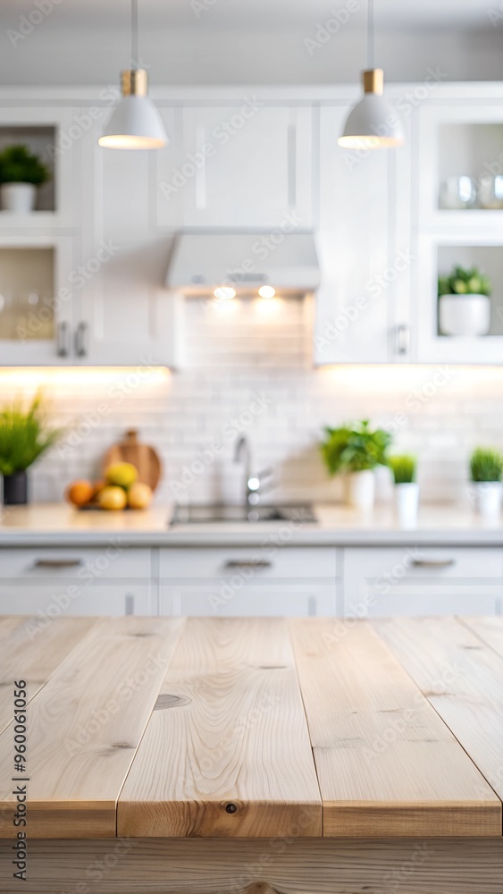 Empty white wooden tabletop in a blurred kitchen setting, perfect for product placement Empty white wooden tabletop in a blurred kitchen setting, perfect for product placement