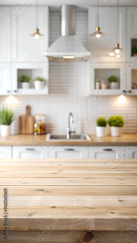 Modern kitchen interior with kitchen, minimalist white wooden countertop mockup for kitchen product display or template design