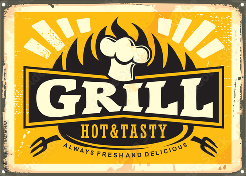 Vintage sign for grill bar restaurant with chef hat graphic and flame shape. Food retro illustration. Diner  vector poster.