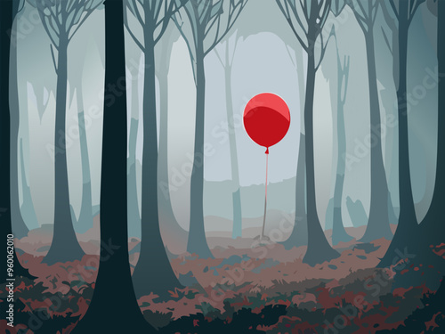 Eerie Silence: The Red Balloon in the Forest. Vector illustration