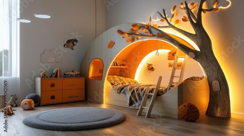 Fototapeta Naklejka Na Ścianę i Meble -  A cozy and playful boy is bedroom designed in a cartoon style, with a jungle theme featuring wall art of trees, animals, and vines. The bed is styled like a treehouse, 