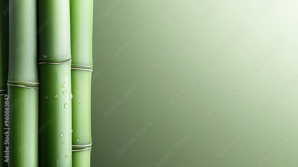 Fototapeta premium This image showcases vibrant green bamboo adorned with sparkling water droplets, set against a dreamy, blurred background ideal for wellness and nature-themed projects
