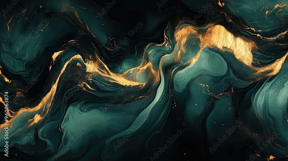 Naklejka premium Abstract Art with Swirling Gold and Green