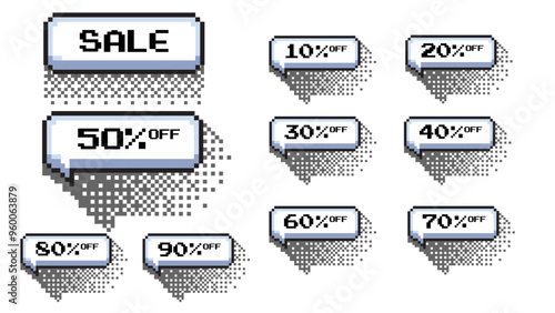 Pixel art Sale tag discount set. 10. 20. 30.40. 50. 60. 70. 80. and 90 percent price  on white background.