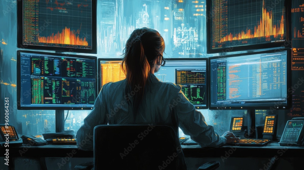 Financial Analyst at Work in High-Tech Trading Room Financial Analyst at Work in High-Tech Trading Room