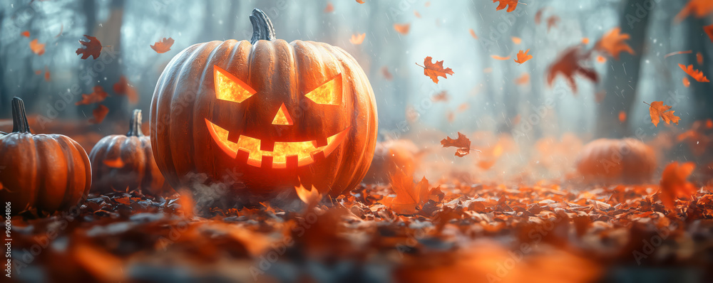 View of Jack pumpkin with burning candles and autumn leaves around. Halloween concept. View of Jack pumpkin with burning candles and autumn leaves around. Halloween concept.