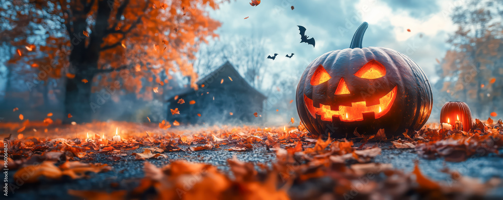 View of Jack pumpkin with burning candles and autumn leaves around. Halloween concept. View of Jack pumpkin with burning candles and autumn leaves around. Halloween concept.