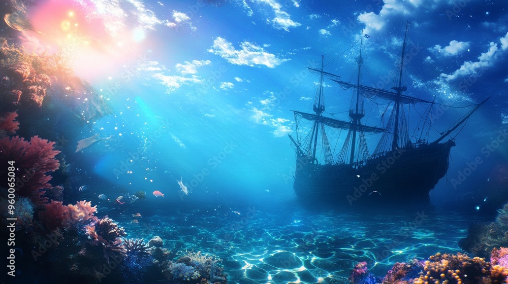 Fototapeta premium Haunted pirate shipwreck glowing undersea