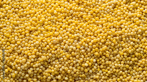 A close-up view of raw millet grains, showcasing their small round shape and yellow color. Ideal for themes related to gluten-free diets, healthy eating, and natural grains.