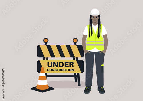 An engineer stands confidently beside construction barricades, ensuring safety protocols are followed while overseeing the ongoing building project under the bright sun of a productive day