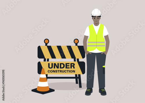 An engineer stands confidently beside construction barricades, ensuring safety protocols are followed while overseeing the ongoing building project under the bright sun of a productive day