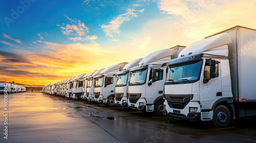 Row of white trucks parked outside a warehouse at sunset