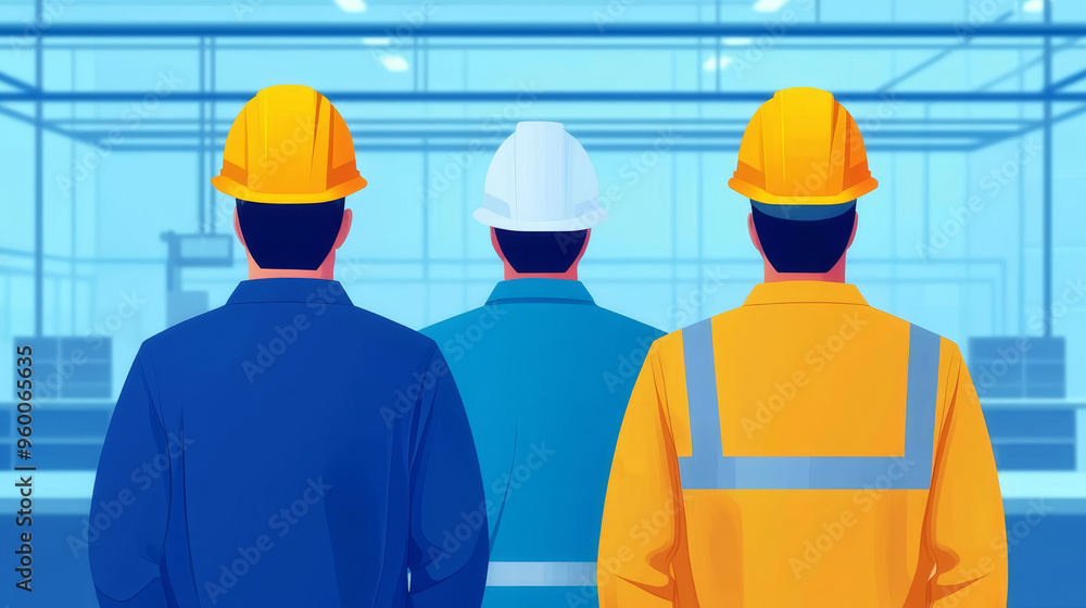 Three construction workers with hard hats observed from behind, showcasing teamwork and safety in an industrial environment. Three construction workers with hard hats observed from behind, showcasing teamwork and safety in an industrial environment.
