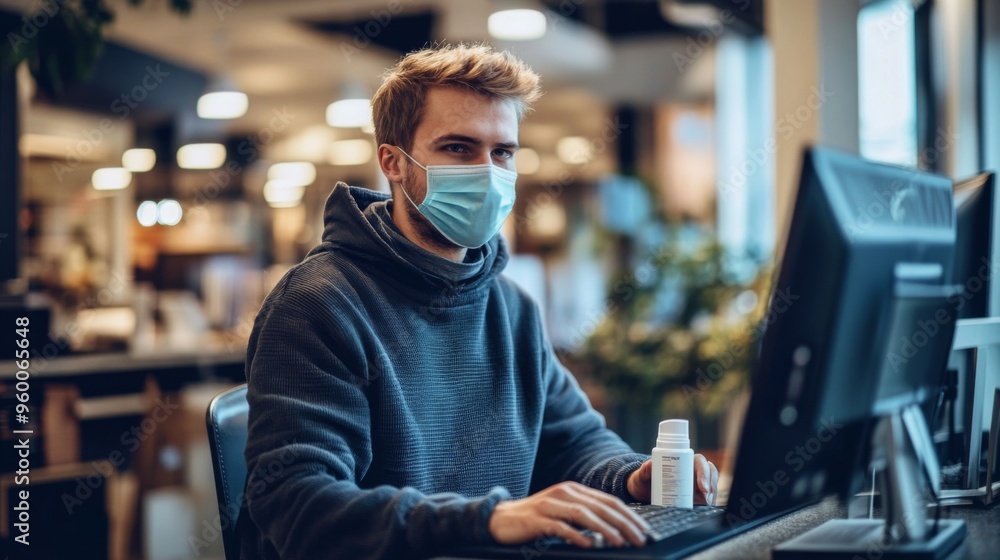 Man Working on Computer in Office During Pandemic Man Working on Computer in Office During Pandemic