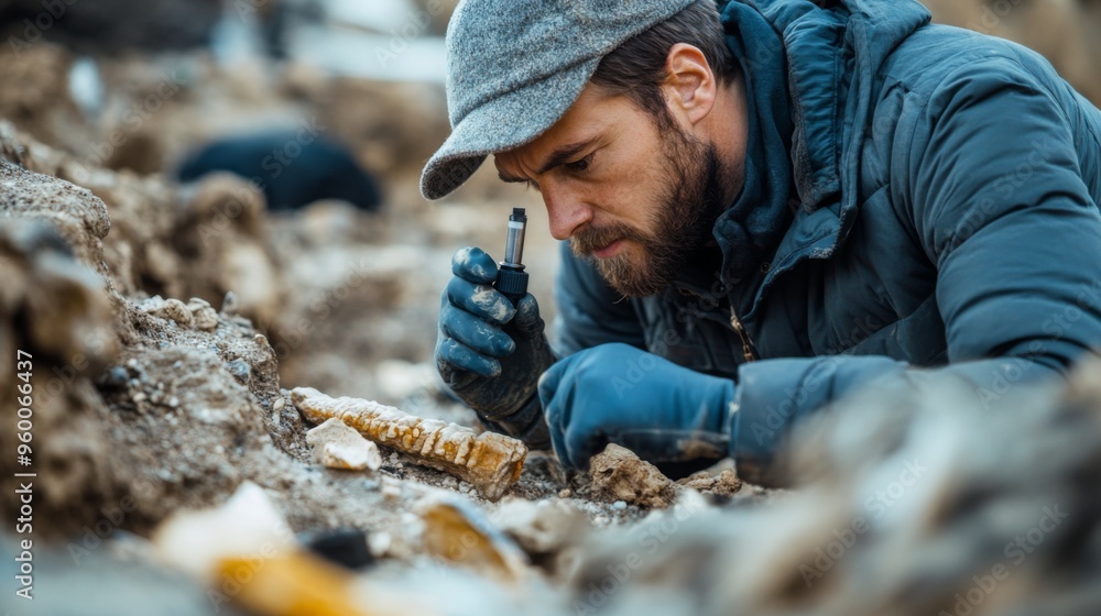 Archaeologist Examining Artifacts in Excavation Site Archaeologist Examining Artifacts in Excavation Site