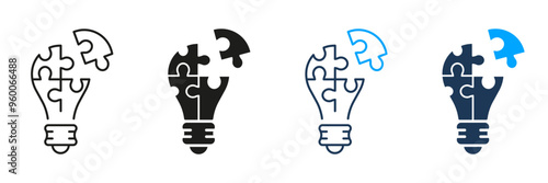 Puzzle in Lightbulb Shape Line and Silhouette Icon Set. Jigsaw and Light Bulb, Inspiration for Innovation Pictogram. Editable Stroke. Isolated Vector Illustration
