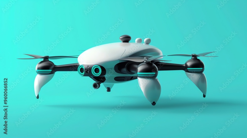 A white drone with four propellers on a turquoise background. A white drone with four propellers on a turquoise background.