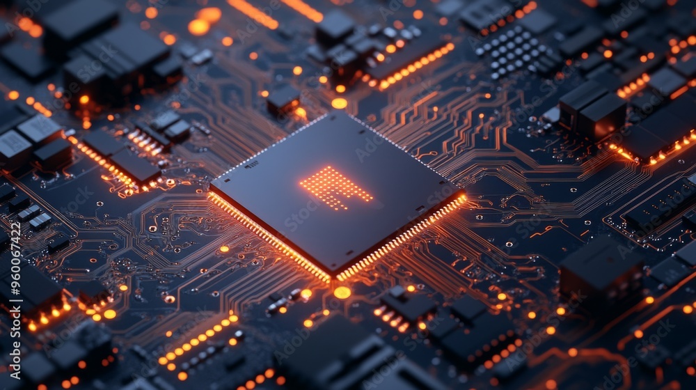 Detailed Close-up of Electronic Circuit Board with Glowing Microchip Detailed Close-up of Electronic Circuit Board with Glowing Microchip