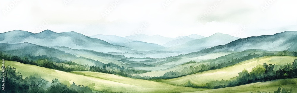 Obraz premium Serene Watercolor Landscape of Green Grasslands and Distant Hills