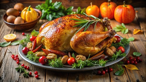 Roasted Whole Turkey Rests On A Platter Garnished With Herbs And Vegetables, Ready For A Festive Thanksgiving Meal.