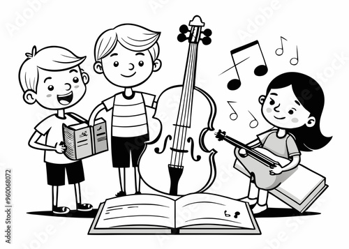 Black and white vector illustration of children's activity coloring book pages with pictures of Instrument cello.
