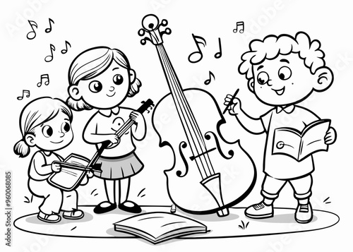 Black and white vector illustration of children's activity coloring book pages with pictures of Instrument cello.

