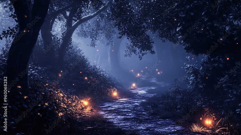 An eerie, misty forest scene at dusk with towering trees and a foggy atmosphere An eerie, misty forest scene at dusk with towering trees and a foggy atmosphere