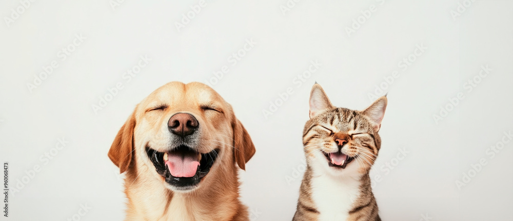 Vet banner with pets and copy space for text. Dog and cat smiling with happy expression and closed eyes. Isolated on white background Vet banner with pets and copy space for text. Dog and cat smiling with happy expression and closed eyes. Isolated on white background