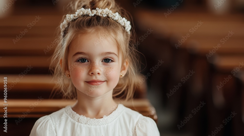 A cheerful little girl with a lovely flower headband smiles sweetly at the camera, standing in a softly lit indoor environment, capturing a moment of pure innocence. A cheerful little girl with a lovely flower headband smiles sweetly at the camera, standing in a softly lit indoor environment, capturing a moment of pure innocence.