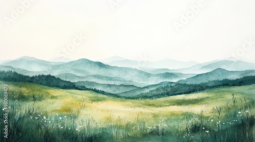 Serene Watercolor Landscape of Green Grasslands and Distant Hills