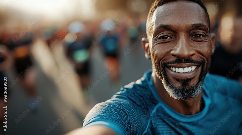 A man with a grey beard, smiling and taking a selfie during a marathon, capturing the joy and excitement of the event with a lively crowd in the background. A man with a grey beard, smiling and taking a selfie during a marathon, capturing the joy and excitement of the event with a lively crowd in the background.