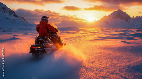 Man riding a snowmobile at high speed through a snowy landscape with sunset and mountains in the background