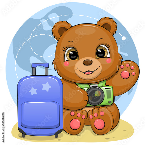Cute cartoon brown bear traveler with camera and suitcase. Vector illustration of an animal with luggage on a blue background with a world map.