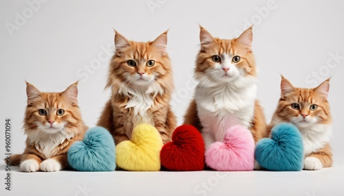 cats sitting in a row with fluffy hearts of different colors