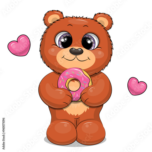 Cute cartoon brown bear holding a donut. Vector illustration of an animal with two pink hearts on a white background.