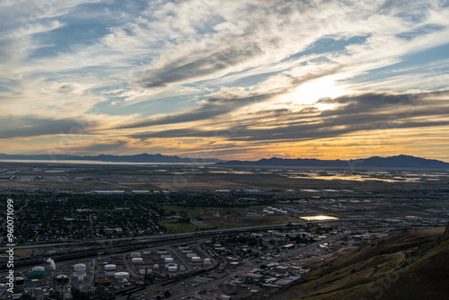 Sunset views of the Salt Lake Valley and Wasatch Range from Ensign Peak, Utah.