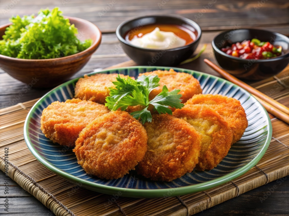 Round, Breaded, And Fried Fish Cakes On A Plate In A Korean Restaurant Setting. Round, Breaded, And Fried Fish Cakes On A Plate In A Korean Restaurant Setting.