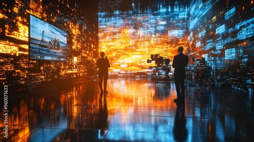 Futuristic Digital Cyber Room with Holograms