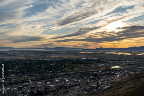 Sunset views of the Salt Lake Valley and Wasatch Range from Ensign Peak, Utah.