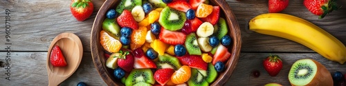 rustic bowl of vibrant fruit salad colorful seasonal fruits cozy kitchen natural lighting brazilian cooking