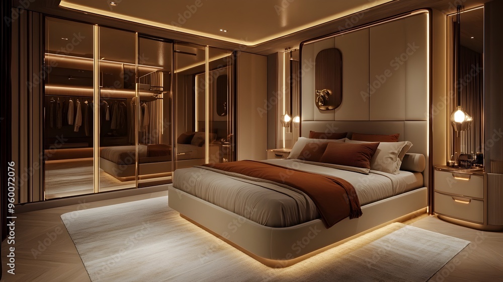 Fototapeta premium Luxurious and Inviting Bedroom Interior Design with King Sized Bed Mirrored Wardrobe and Ambient Lighting for a Serene and Sophisticated Retreat