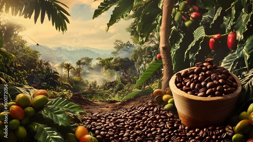 Coffee Beans Surrounded by Lush Green Foliage and Ripe Coffee Cherries photo