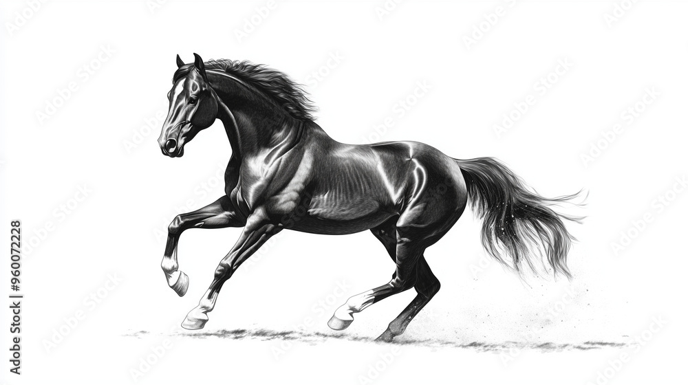 A black-and-white illustration of a dark horse in motion, galloping. The horse looks graceful, powerful, and elegant, with defined muscles and a flowing mane A black-and-white illustration of a dark horse in motion, galloping. The horse looks graceful, powerful, and elegant, with defined muscles and a flowing mane