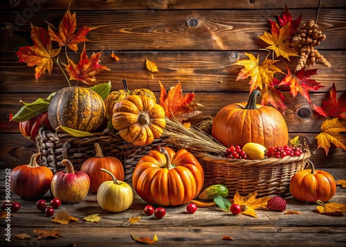 Rustic Autumnal Background With Falling Leaves, Pumpkins, And Harvest Festival Decorations On A Weathered Wooden Table photo