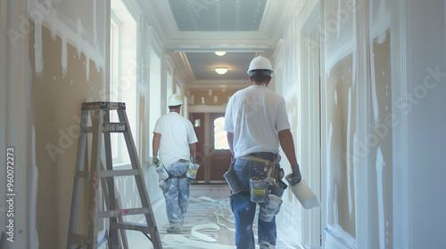 Two painters working on a hallway renovation project, holding paint rollers and wearing protective gear. Ideal for themes related to construction, home improvement, and painting services.