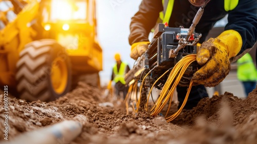 Close-up view of workers in safety gear digging a trench with a trench machine for fiber optic cable installation, showcasing detailed machinery and cables being laid, with dirt and construction