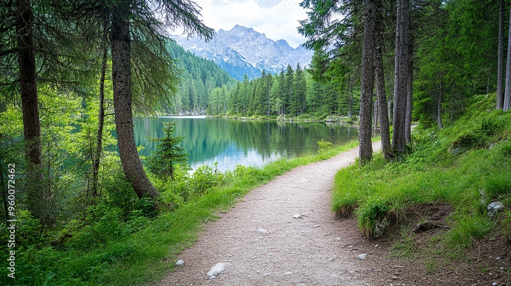 Fototapeta premium Path leading to a lake through pine forest
