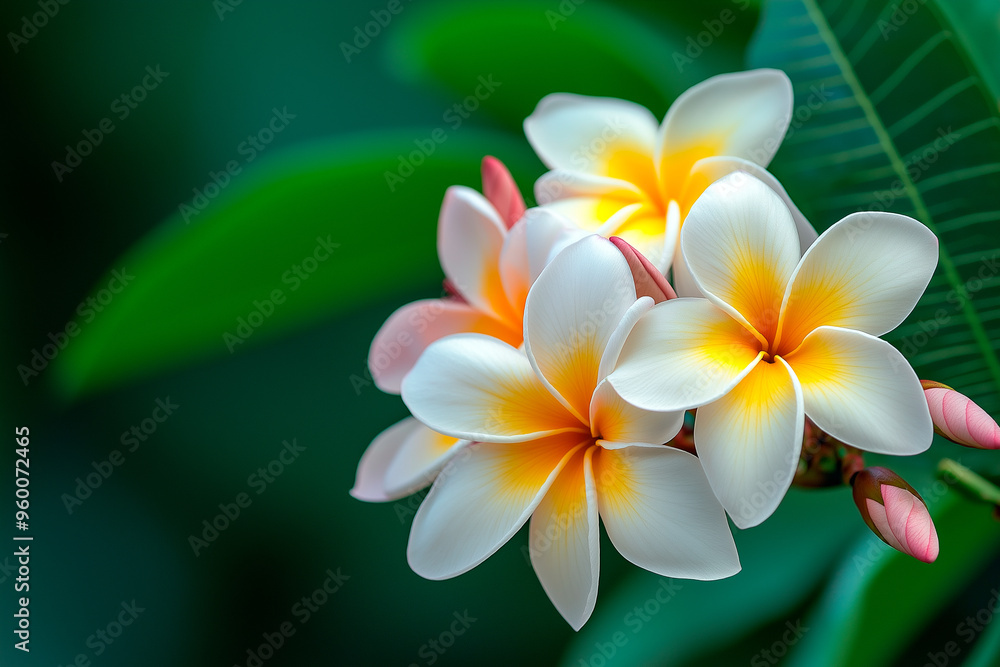 Fototapeta premium bunch of plumeria flowers on green leaves background