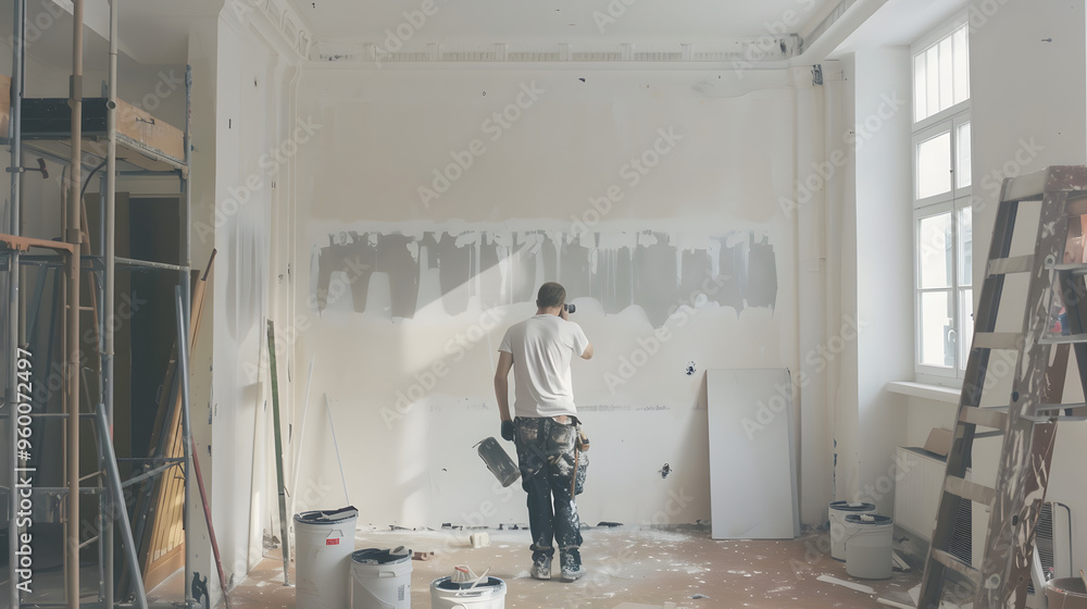 A painter working alone, preparing and painting walls in an empty room under renovation. Ideal for concepts of home improvement, remodeling, and professional painting. A painter working alone, preparing and painting walls in an empty room under renovation. Ideal for concepts of home improvement, remodeling, and professional painting.